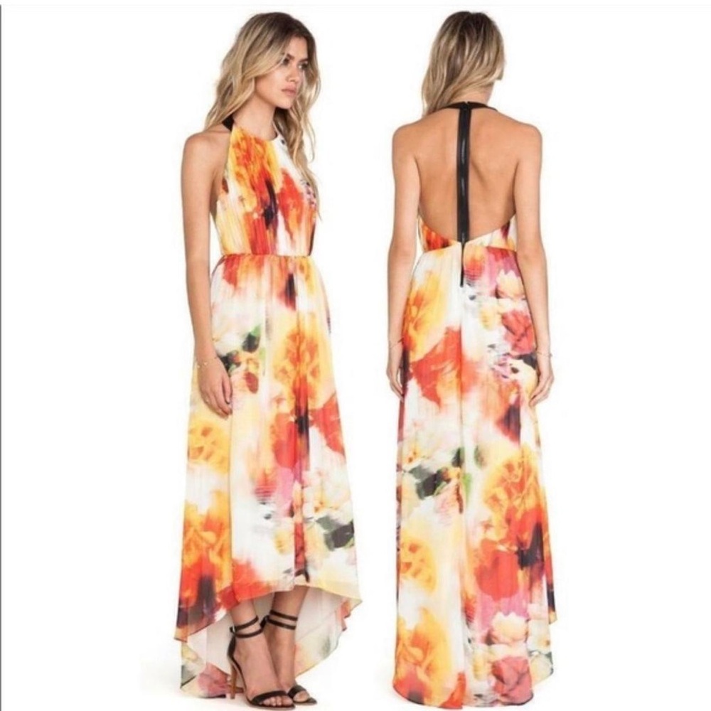 Alice + Olivia Halter-Back Watercolor Floral Maxi Dress in Orange, Yellow, White